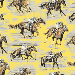 Метровые флизелиновые обои с крупным узором  коричневых лошадей с всадниками на лимонно желтом фоне в детскую